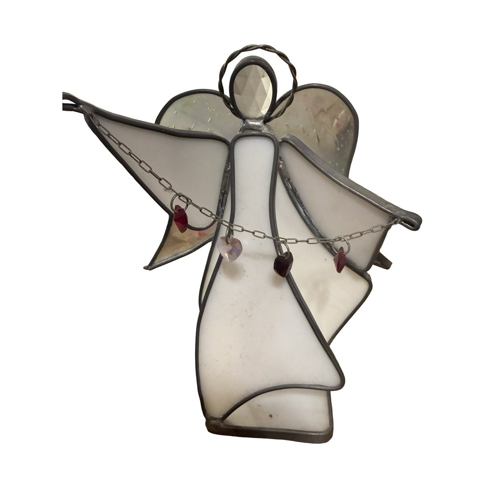 Angel Stained Glass 9" White Suncatcher Holding 4 Hearts Brass Lead Lines